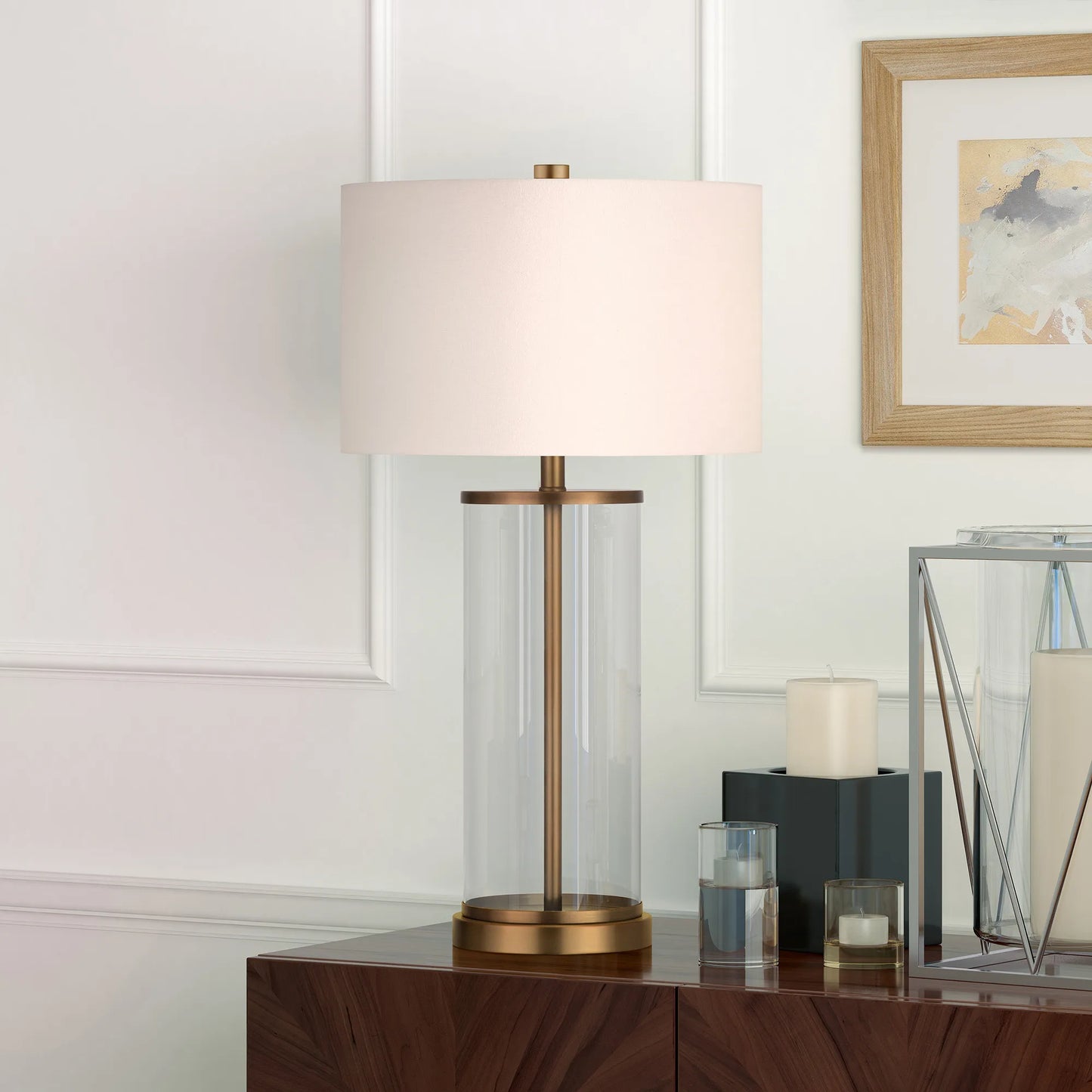 HMS 28\" Brass Iron Table Lamp with White Metal Drum Shade 220V AC Indoor Lighting for Offices Bedrooms and Homes LED Source