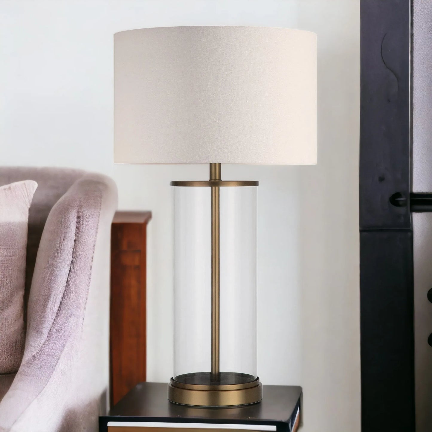 HMS 28\" Brass Iron Table Lamp with White Metal Drum Shade 220V AC Indoor Lighting for Offices Bedrooms and Homes LED Source