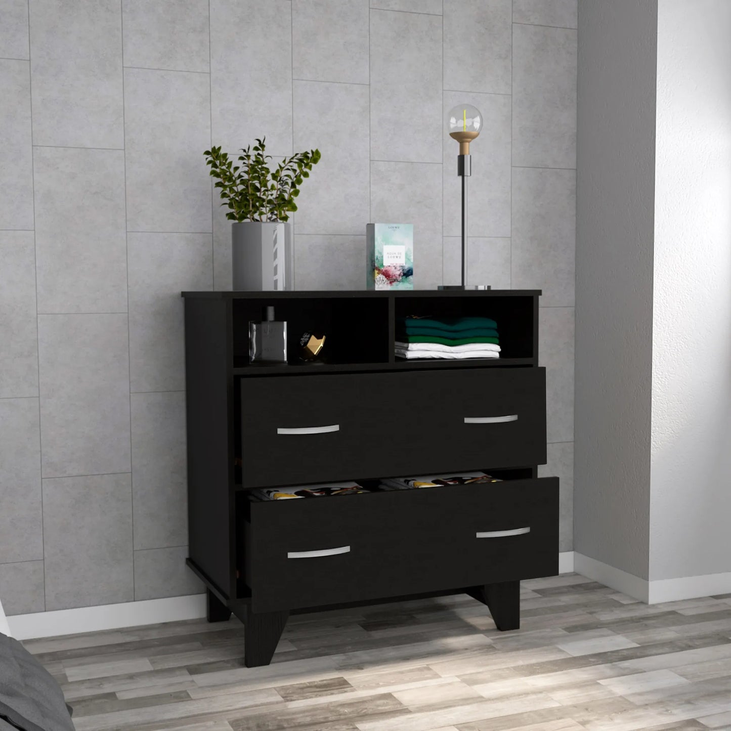 HMS 32\" Antique Black Two-Drawer Dresser Metal Home Furniture with Open Shelving Foldable for Bedroom or Living Room