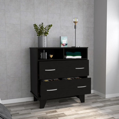 HMS 32\" Antique Black Two-Drawer Dresser Metal Home Furniture with Open Shelving Foldable for Bedroom or Living Room