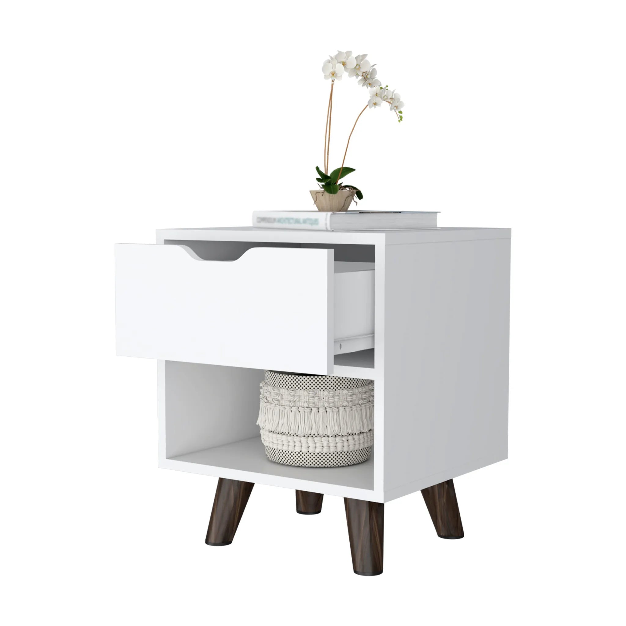 HMS Modern 19\" White Wood One-Drawer Nightstand Bedroom Living Room Home Furniture for Apartments