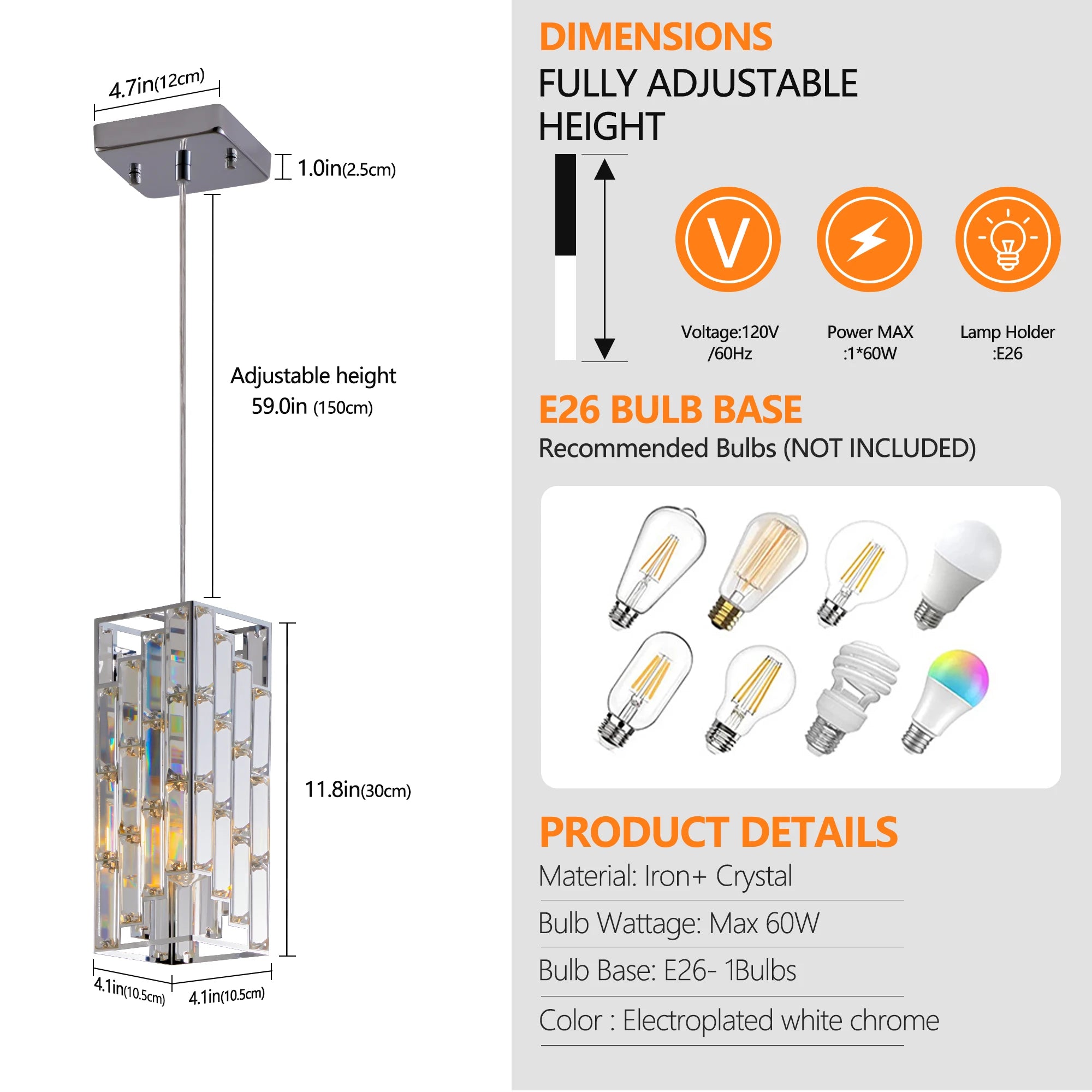 Chrome Pendant Lighting Modern Pendant Light Mini Crystal Chandeliers Adjustable Pendant Light Fixture for Kitchen Island 3 Pack