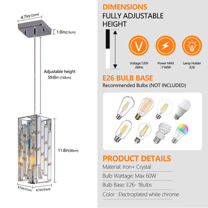 Chrome Pendant Lighting Modern Pendant Light Mini Crystal Chandeliers Adjustable Pendant Light Fixture for Kitchen Island 3 Pack