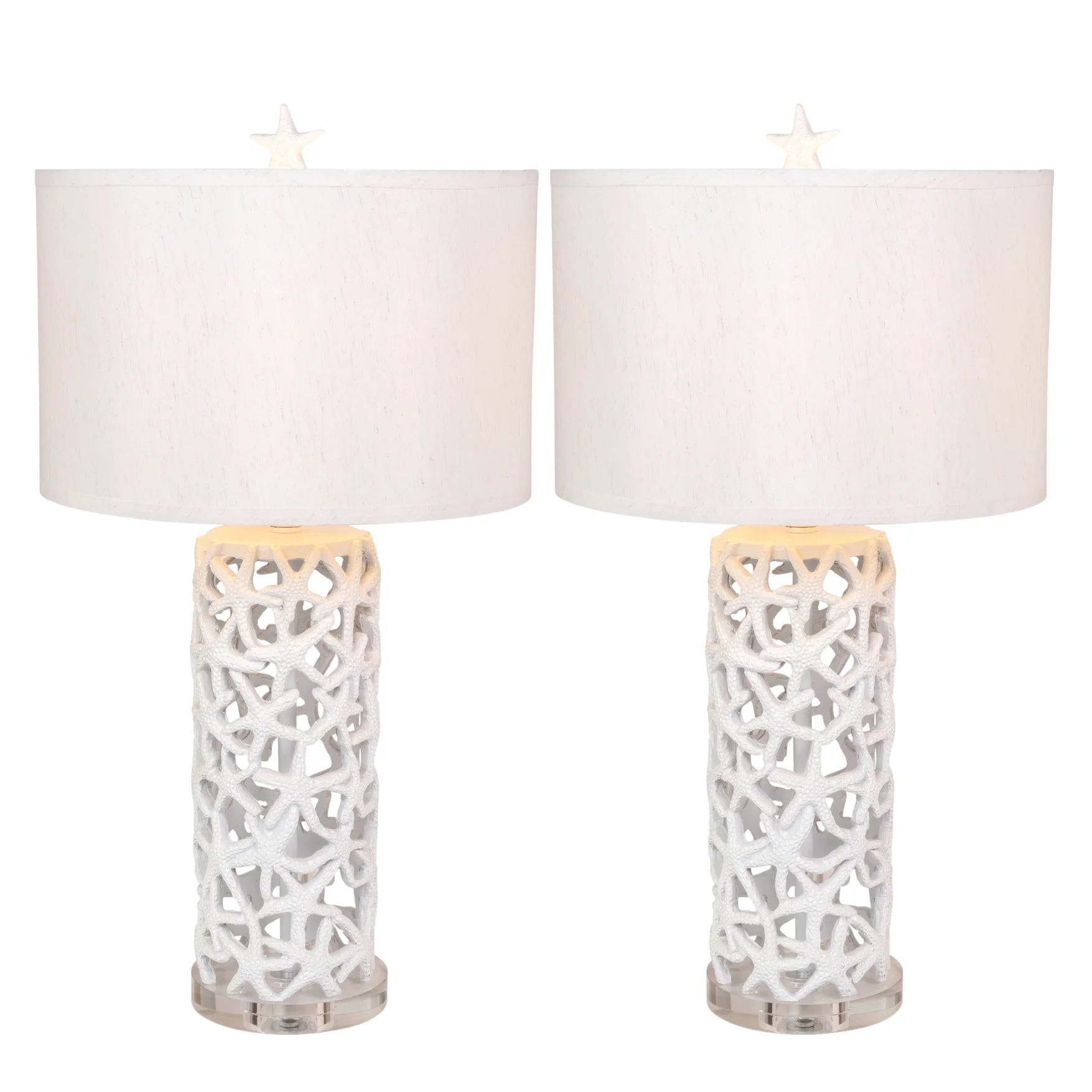 Set of Two 30\" White Coastal Starfish Table Lamps with White Drum Shades HMS Coastal Style Lighting