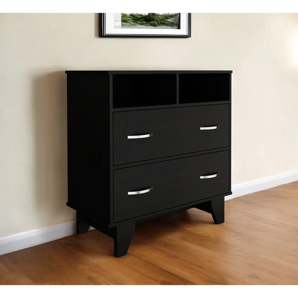 HMS 32\" Antique Black Two-Drawer Dresser Metal Home Furniture with Open Shelving Foldable for Bedroom or Living Room