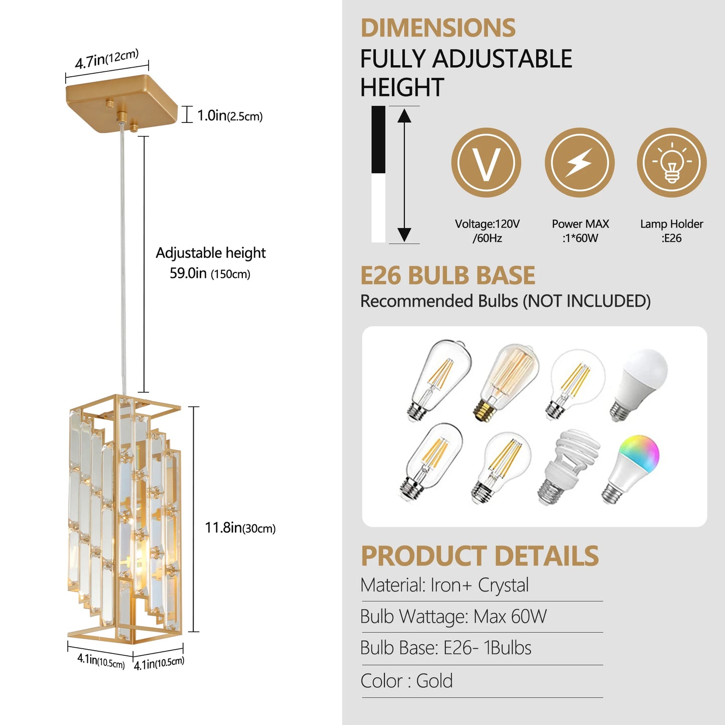 Golden Pendant Lighting Modern Pendant Light Mini Crystal Chandeliers Adjustable Pendant Light Fixture for Kitchen Island 3 Pack