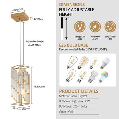 Golden Pendant Lighting Modern Pendant Light Mini Crystal Chandeliers Adjustable Pendant Light Fixture for Kitchen Island 3 Pack