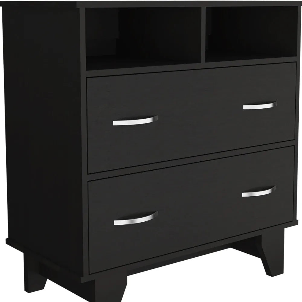 HMS 32\" Antique Black Two-Drawer Dresser Metal Home Furniture with Open Shelving Foldable for Bedroom or Living Room