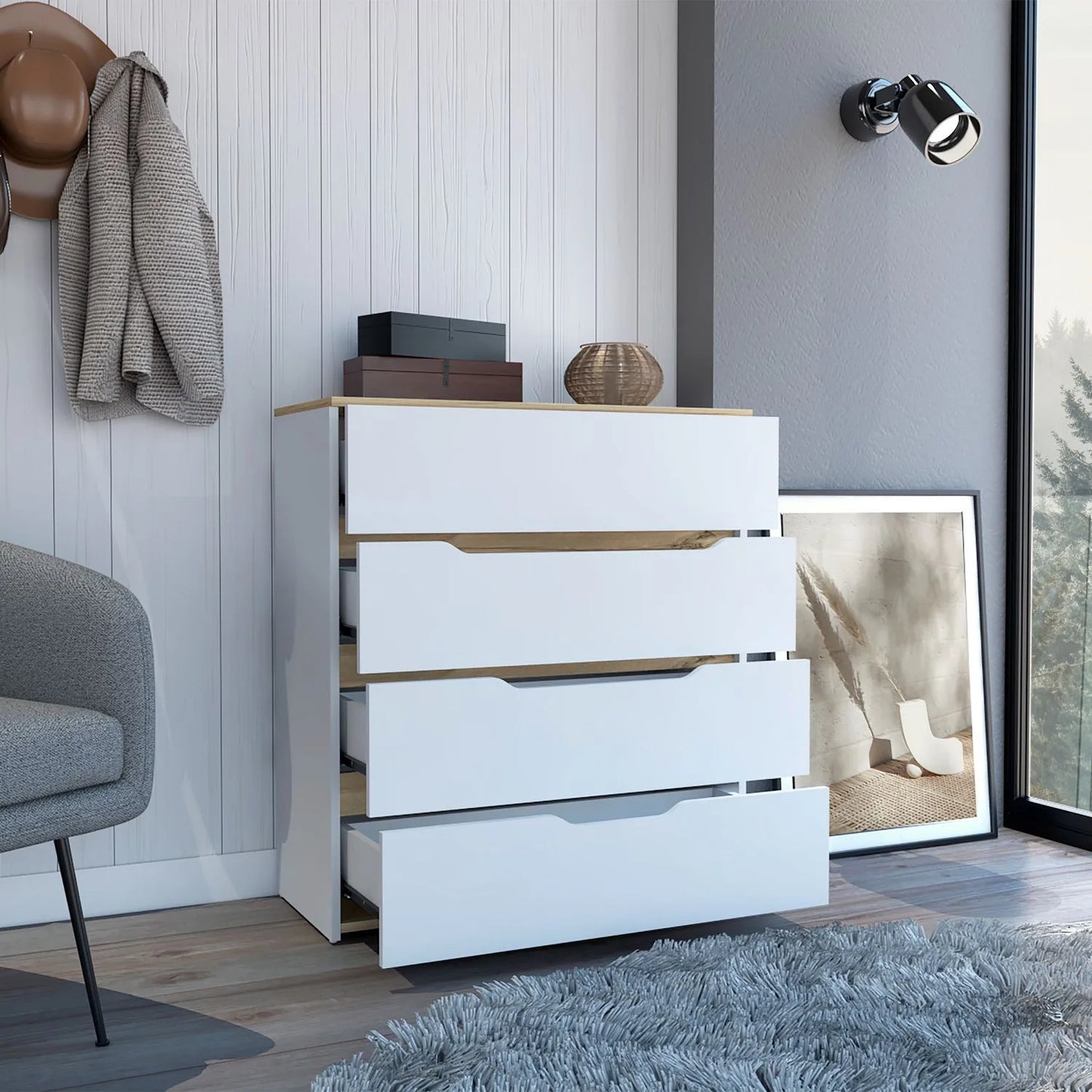 HMS 32\" White and Natural Four Drawer Dresser Stainless Steel and MDF for Living Room or Bedroom Home Furniture