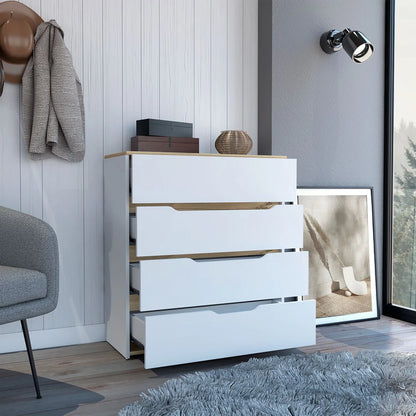 HMS 32\" White and Natural Four Drawer Dresser Stainless Steel and MDF for Living Room or Bedroom Home Furniture