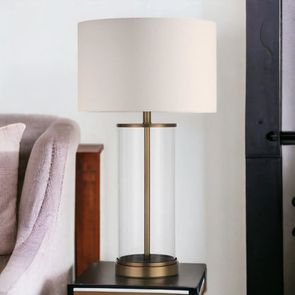 HMS 28\" Brass Iron Table Lamp with White Metal Drum Shade 220V AC Indoor Lighting for Offices Bedrooms and Homes LED Source