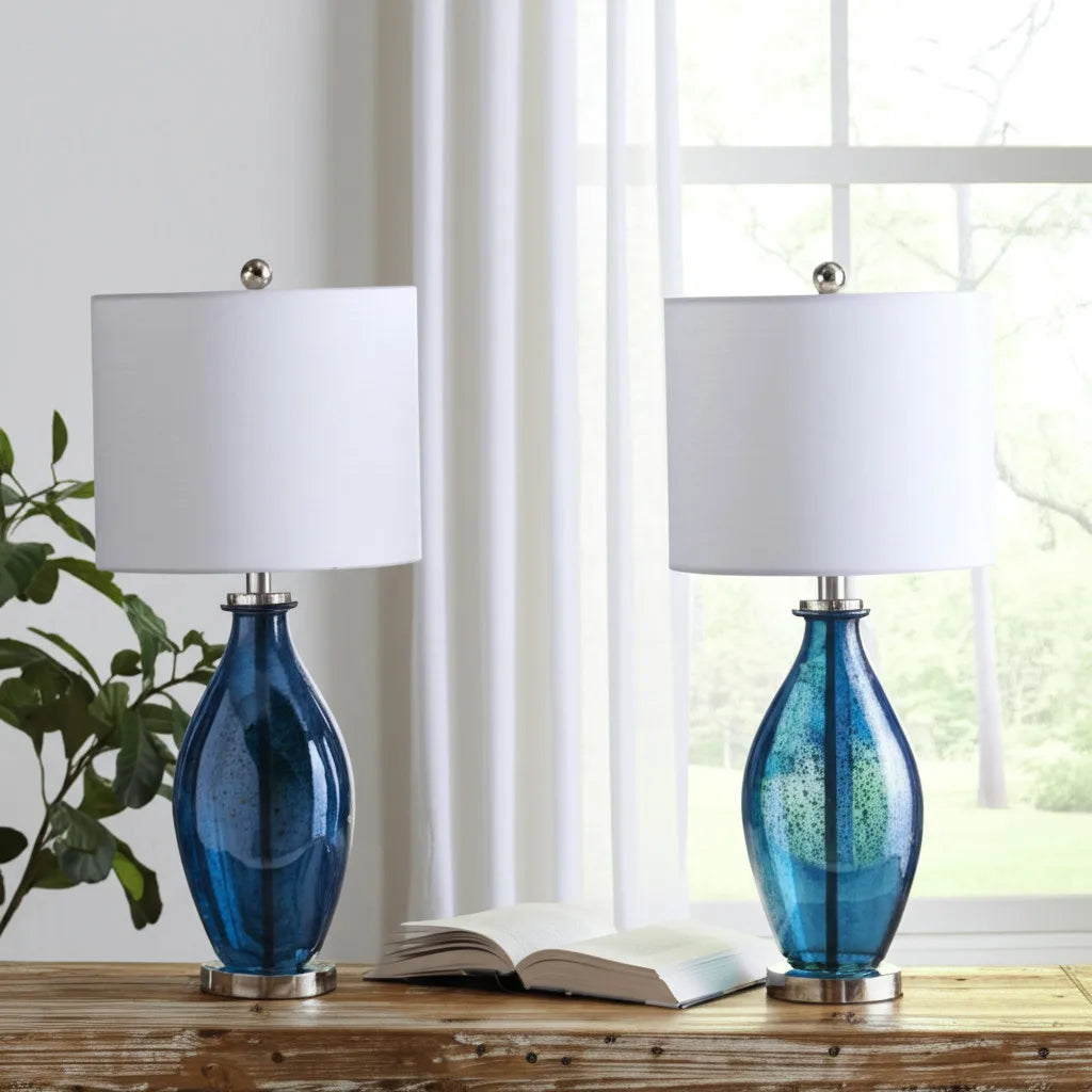 Set of Two 30\" Blue Crystal and Glass Table Lamps with White Drum Shades HMS Premium Lighting