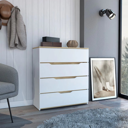 HMS 32\" White and Natural Four Drawer Dresser Stainless Steel and MDF for Living Room or Bedroom Home Furniture