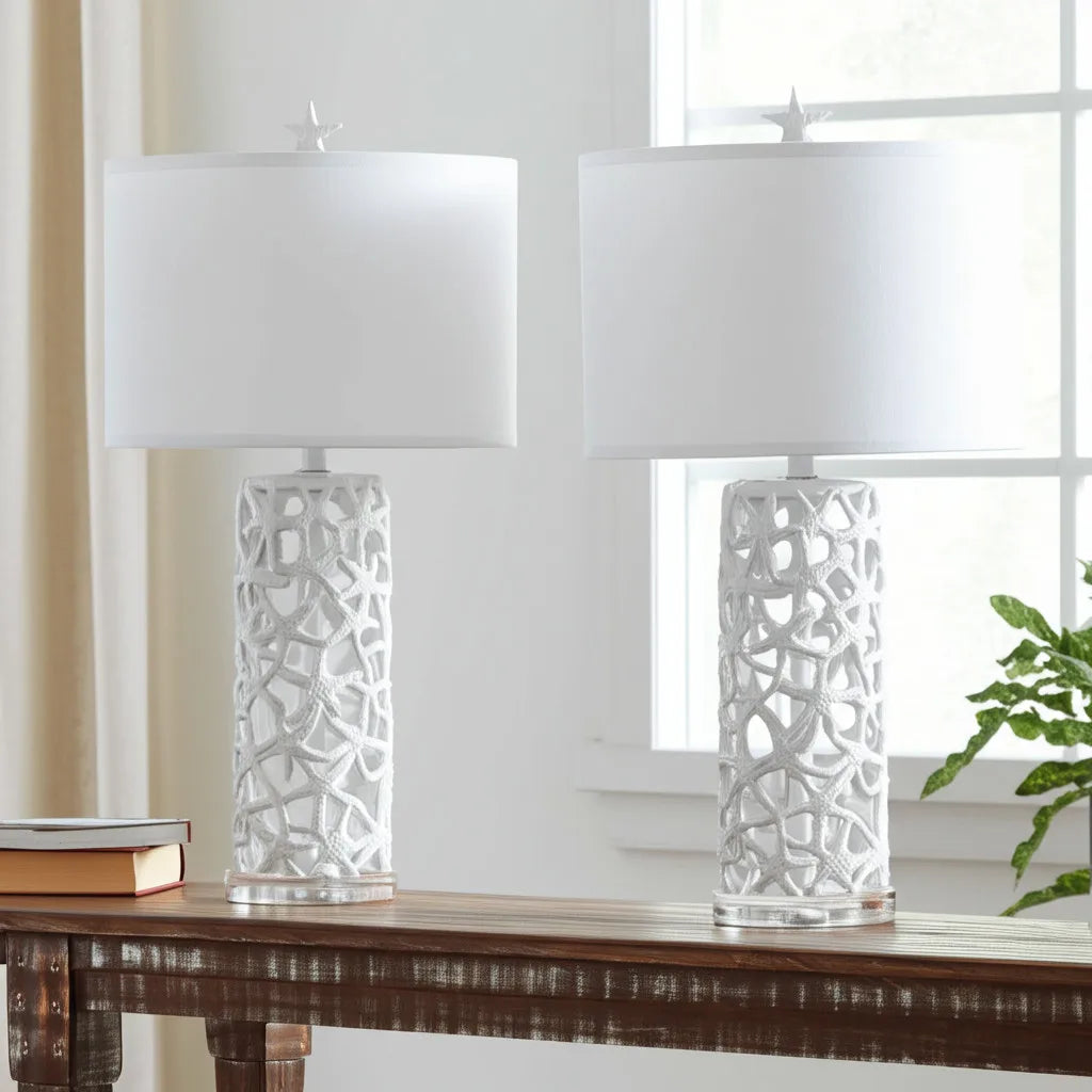 Set of Two 30\" White Coastal Starfish Table Lamps with White Drum Shades HMS Coastal Style Lighting