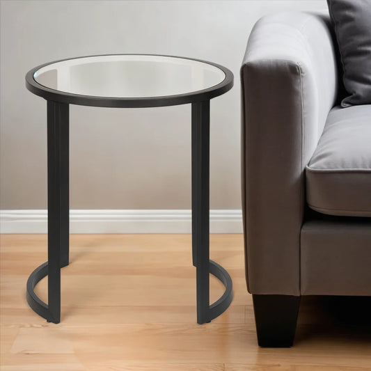 22\" HMS Black and Clear Glass and Steel Round End Table for Living Room Furniture