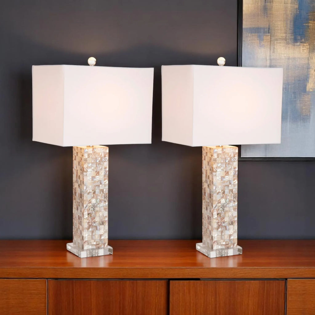 Set of Two 28\" Beige Mother of Pearl Table Lamps with White Shade HMS Lighting