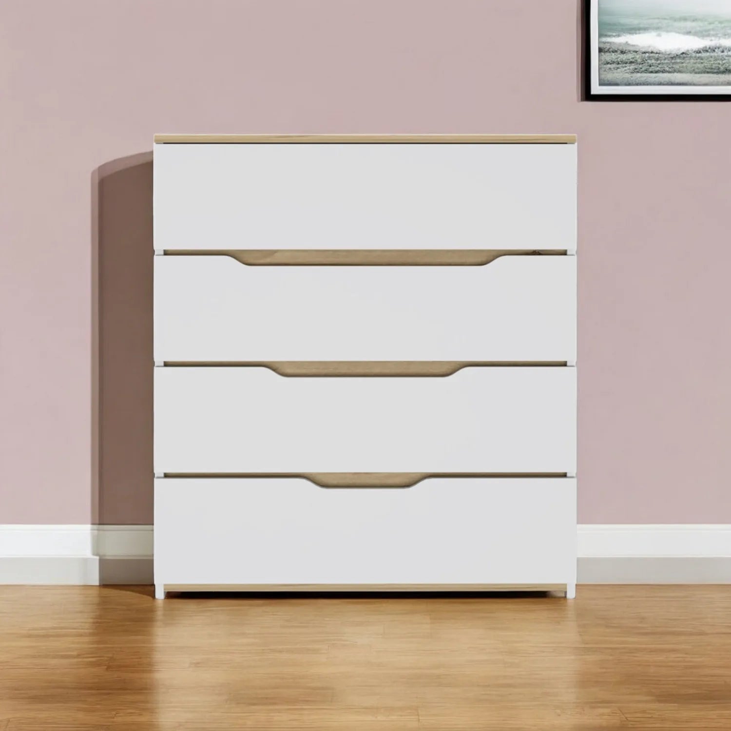 HMS 32\" White and Natural Four Drawer Dresser Stainless Steel and MDF for Living Room or Bedroom Home Furniture