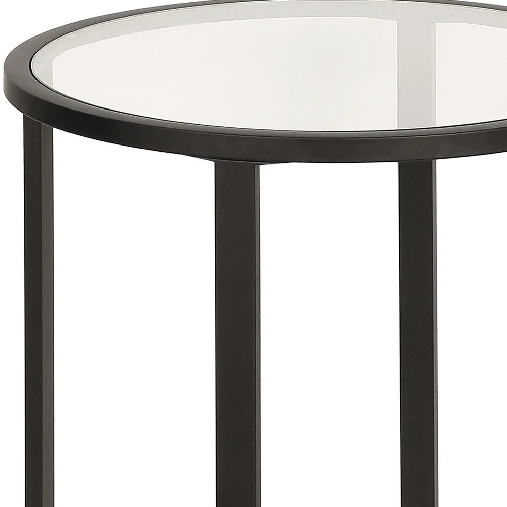 22\" HMS Black and Clear Glass and Steel Round End Table for Living Room Furniture
