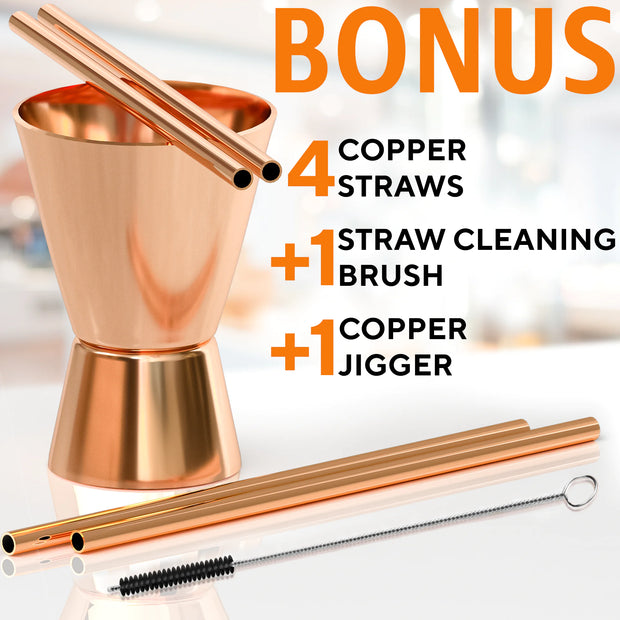 Moscow Mule Copper Mugs - Set of 4 - 100% HANDCRAFTED - Food Safe Pure Solid Copper Mugs - 16 oz Gift Set with BONUS: Highest Quality Cocktail Copper