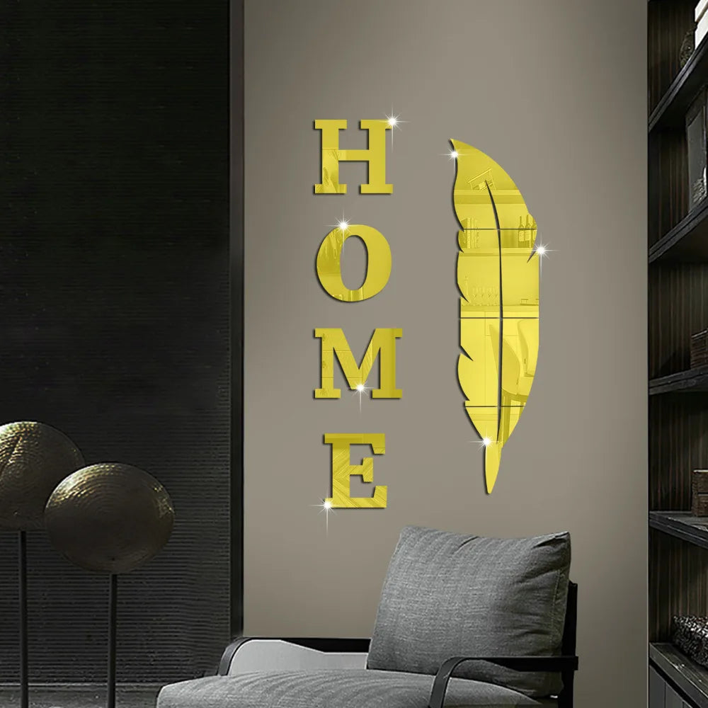 3D Home English Letter Feather Mirror Paste Decoration Room Porch Living Room Background Wall  Mirrors Modern Home Decoration