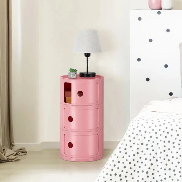 3 Drawer Sliding Barrel Modern Bedroom Nightstand, Pink