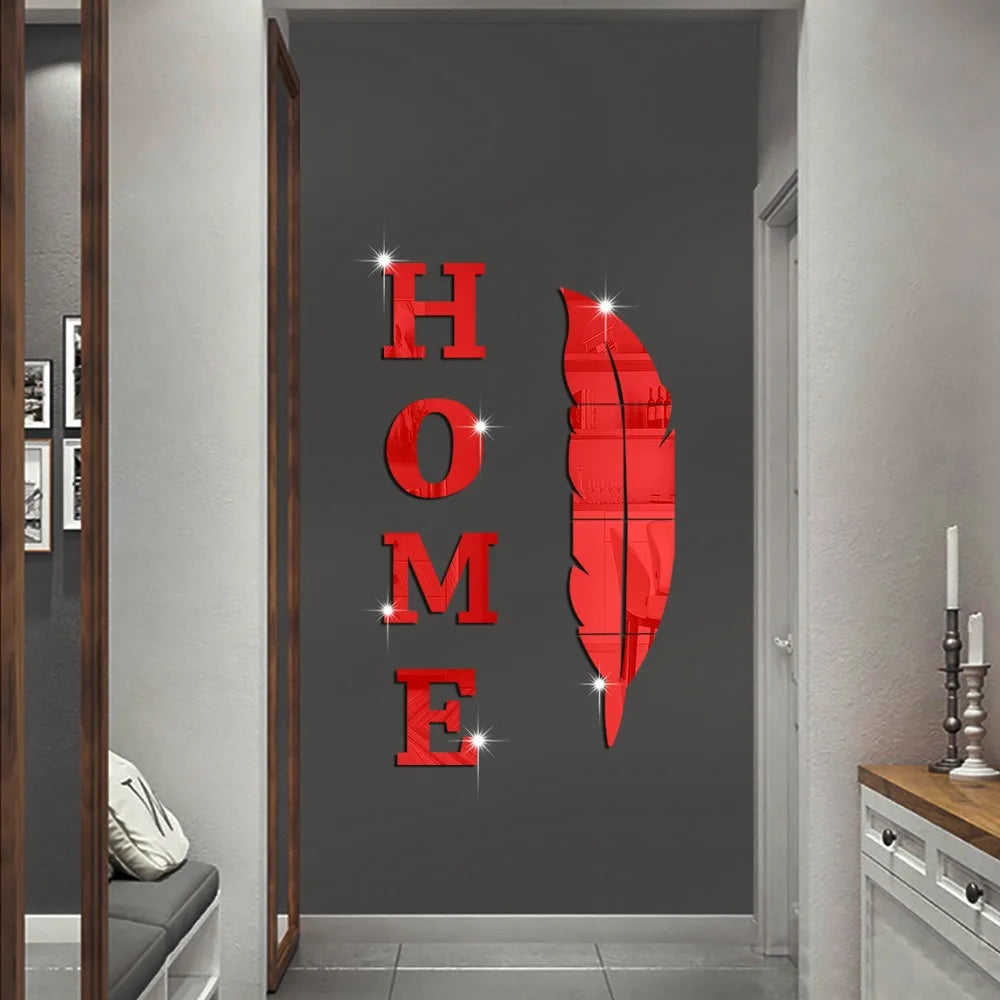 3D Home English Letter Feather Mirror Paste Decoration Room Porch Living Room Background Wall  Mirrors Modern Home Decoration