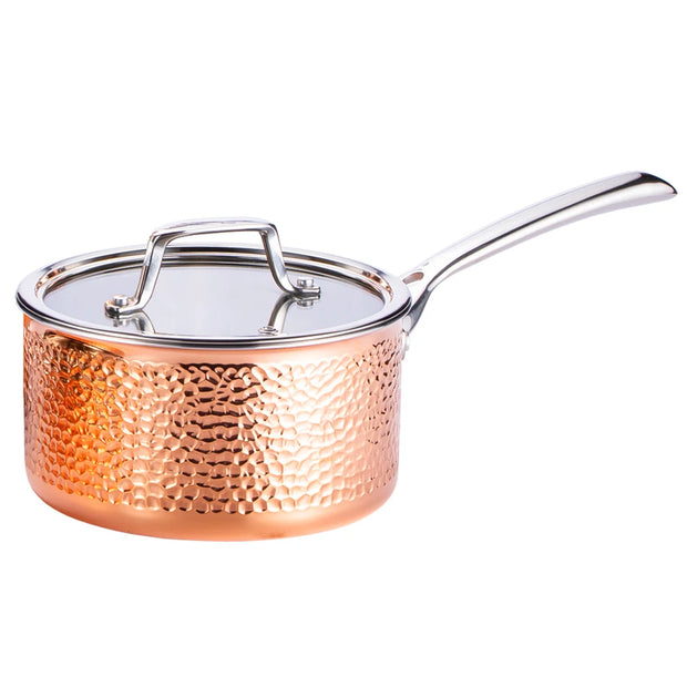 NO MOQ Copper Hammered Cookware Set, 5 Piece Triple Kitchenware Cooking Pot Includes Sauce pan, Casserole, Frying Pan