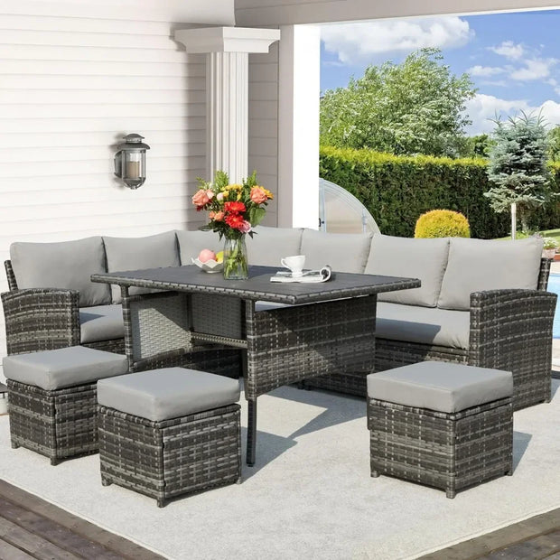 7-piece Patio furniture set, outdoor segmented sofa dialogue set, all-weather wicker vine sofa, Ottoman, gray