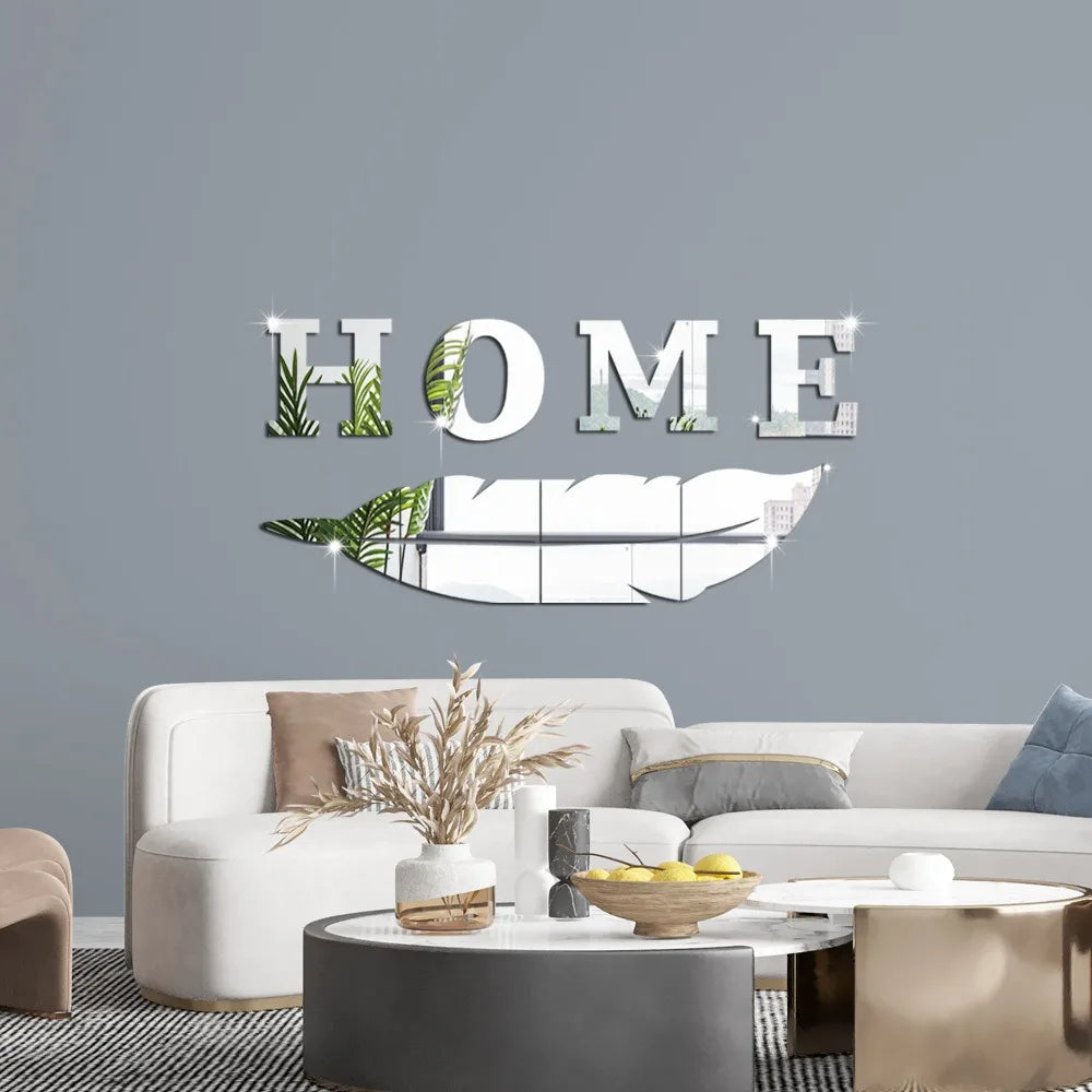 3D Home English Letter Feather Mirror Paste Decoration Room Porch Living Room Background Wall  Mirrors Modern Home Decoration