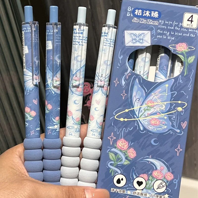 4Pcs Kawaii Butterfly Gel Pen Black Ink ST Nib Writing Smooth Soft Grip Sponge Pen School Office Accessories Stationery Supplies