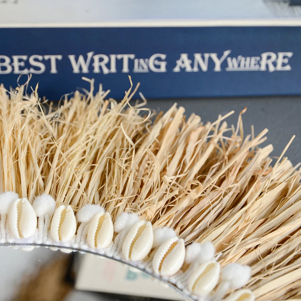 boho Home Furnishing Forest Raffia Decorative wall mirrors Raffia Woven Shell small yarn ballTapestry Living Room Decor mirror