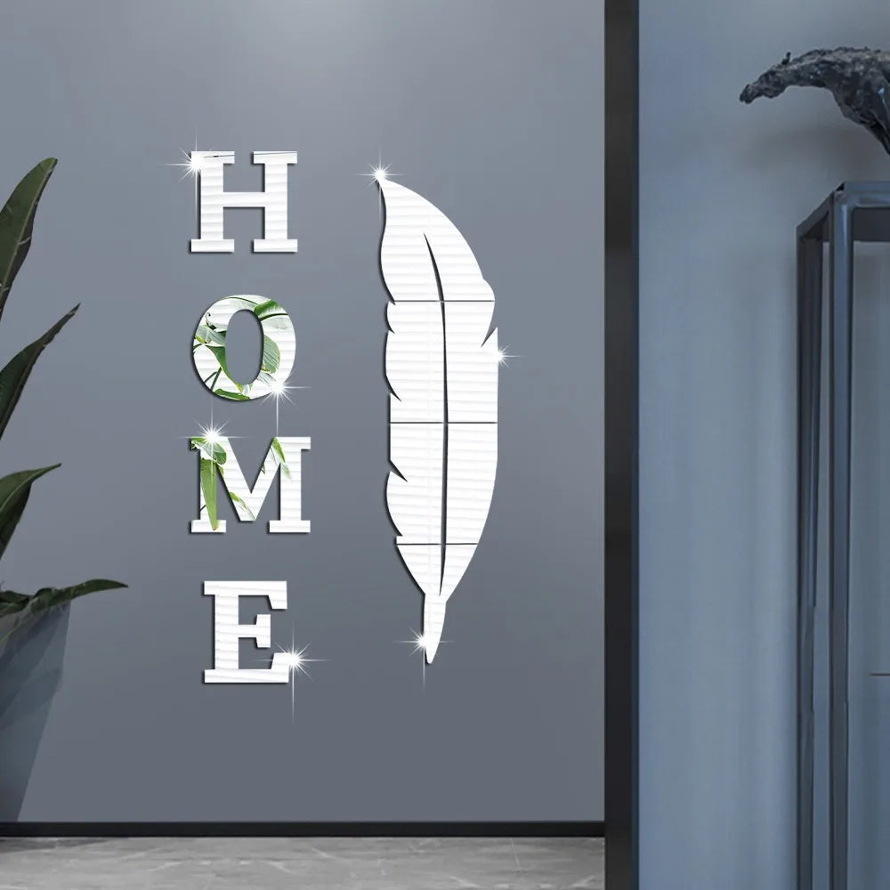 3D Home English Letter Feather Mirror Paste Decoration Room Porch Living Room Background Wall  Mirrors Modern Home Decoration