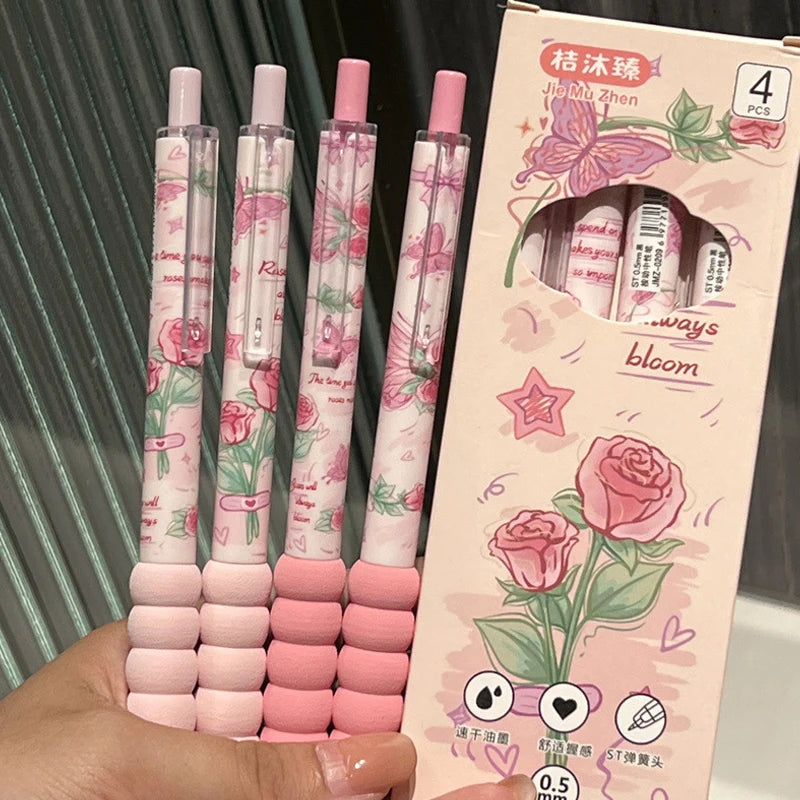 4Pcs Kawaii Butterfly Gel Pen Black Ink ST Nib Writing Smooth Soft Grip Sponge Pen School Office Accessories Stationery Supplies