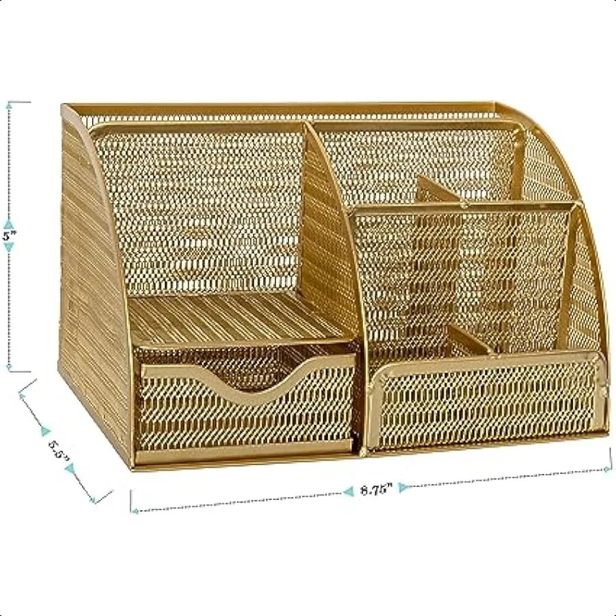Ryder Gold Mesh Metal Small Desktop Organizer for Office Accessories Notebooks Pen Holder and Drawer