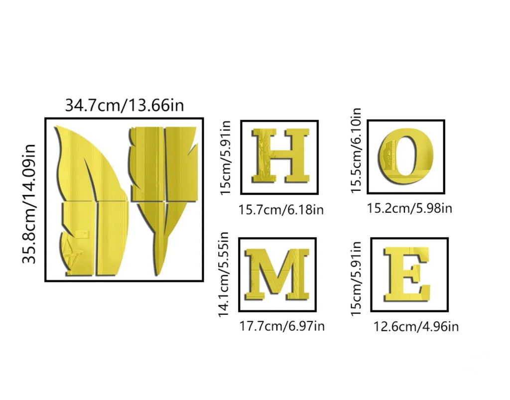 3D Home English Letter Feather Mirror Paste Decoration Room Porch Living Room Background Wall  Mirrors Modern Home Decoration
