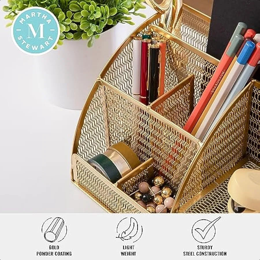 Ryder Gold Mesh Metal Small Desktop Organizer for Office Accessories Notebooks Pen Holder and Drawer