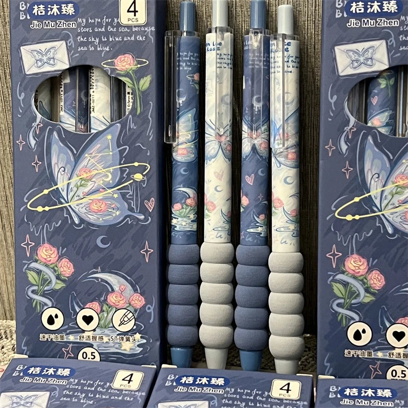 4Pcs Kawaii Butterfly Gel Pen Black Ink ST Nib Writing Smooth Soft Grip Sponge Pen School Office Accessories Stationery Supplies