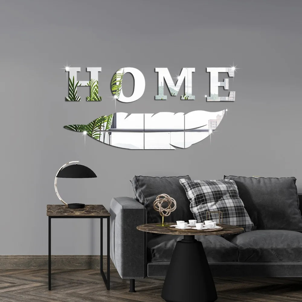 3D Home English Letter Feather Mirror Paste Decoration Room Porch Living Room Background Wall  Mirrors Modern Home Decoration