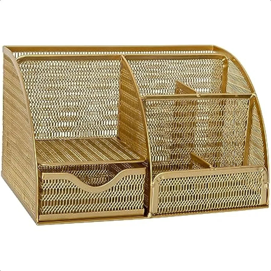 Ryder Gold Mesh Metal Small Desktop Organizer for Office Accessories Notebooks Pen Holder and Drawer