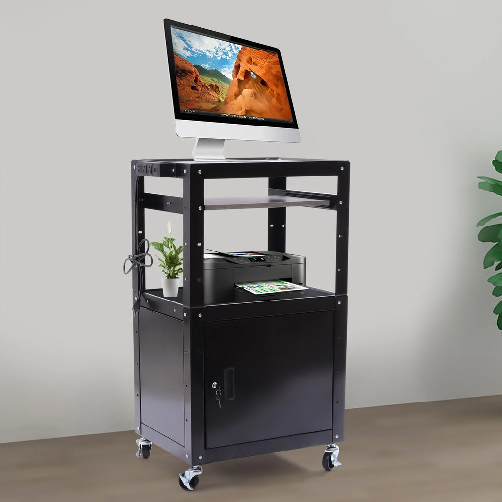 Adjustable Work Cart, 2-in-1 Design with Lockable Cabinet, 360° Wheels, Perfect for Office Devices & Documents