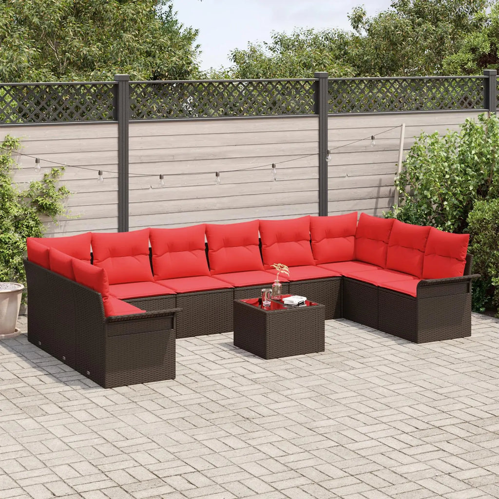 Modern 11 Piece Outdoor Garden Sofa Set with Cushions Comfortable Brown Poly Rattan Furniture for Patio and Yard