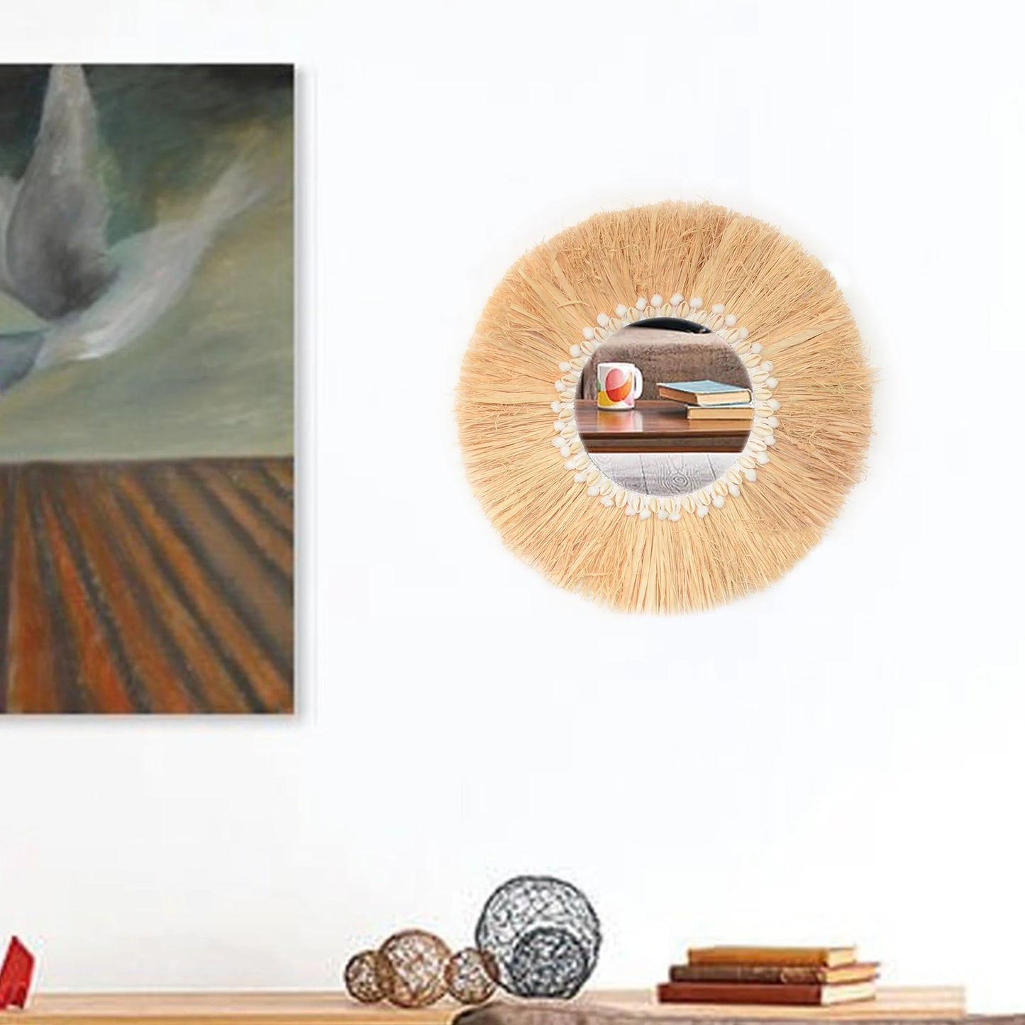 boho Home Furnishing Forest Raffia Decorative wall mirrors Raffia Woven Shell small yarn ballTapestry Living Room Decor mirror