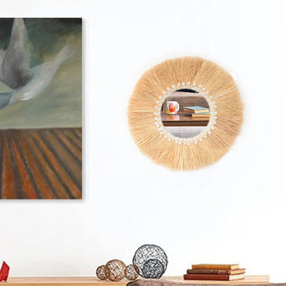 boho Home Furnishing Forest Raffia Decorative wall mirrors Raffia Woven Shell small yarn ballTapestry Living Room Decor mirror