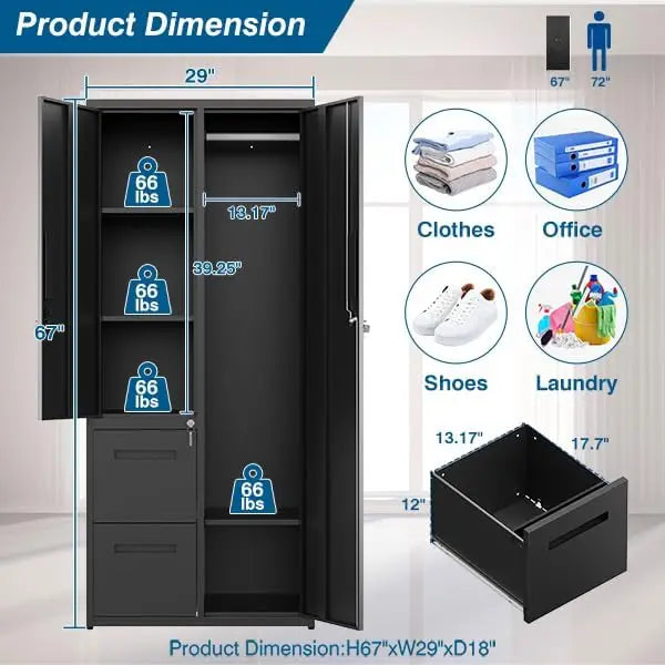 Metal Storage Cabinets with Locking Doors, 67" Freestanding Clothing Coat Storage Wardrobe Lockers for Office, Home, School