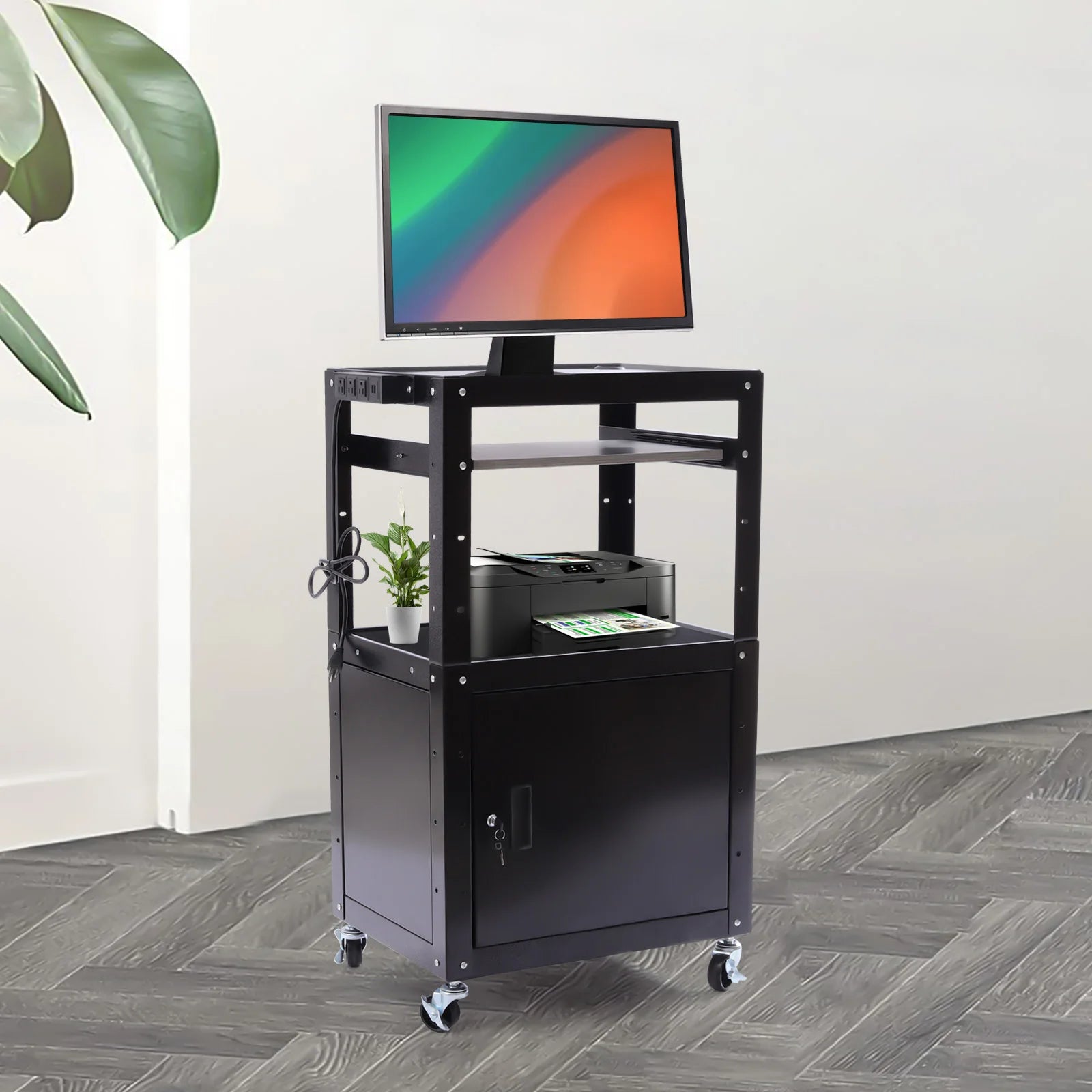 Adjustable Work Cart, 2-in-1 Design with Lockable Cabinet, 360° Wheels, Perfect for Office Devices & Documents