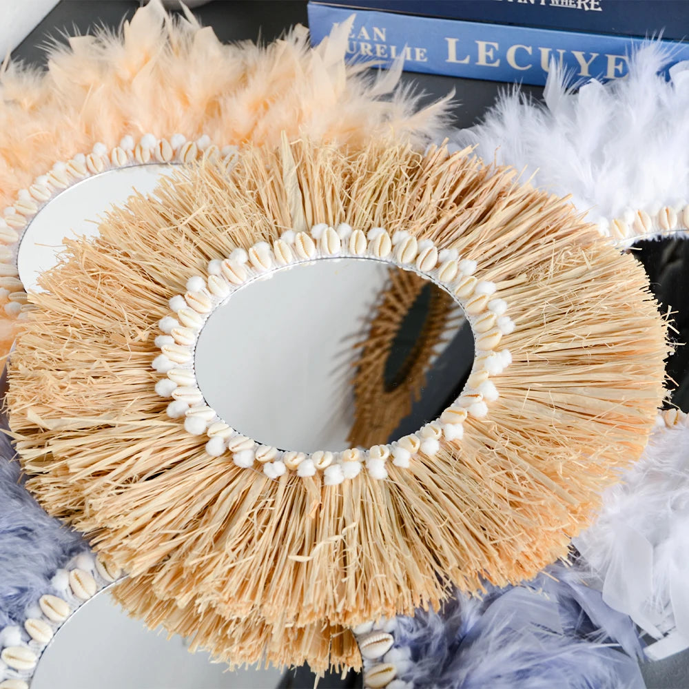 boho Home Furnishing Forest Raffia Decorative wall mirrors Raffia Woven Shell small yarn ballTapestry Living Room Decor mirror