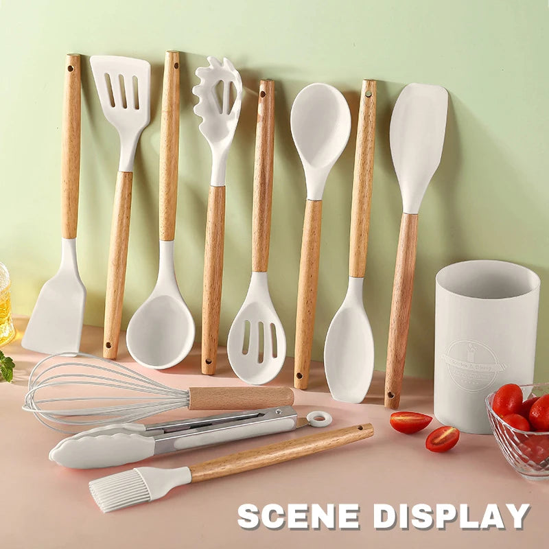 12pcs Silicone Kitchenware Cooking Utensils Set Non Stick Cookware Spatula Shovel Egg Beaters Baking Set with Storage Bucket