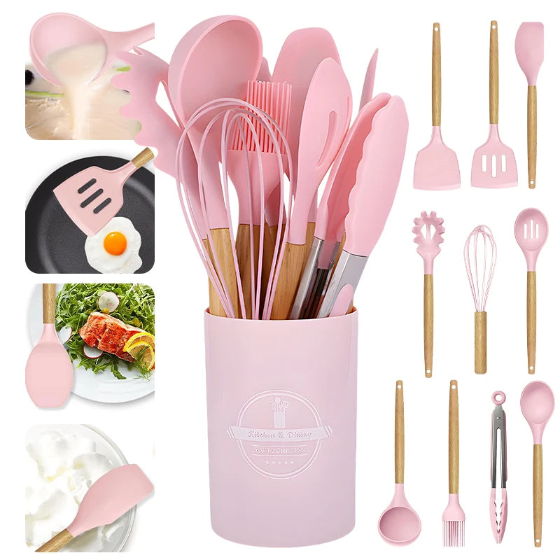 12pcs Silicone Kitchenware Cooking Utensils Set Non Stick Cookware Spatula Shovel Egg Beaters Baking Set with Storage Bucket