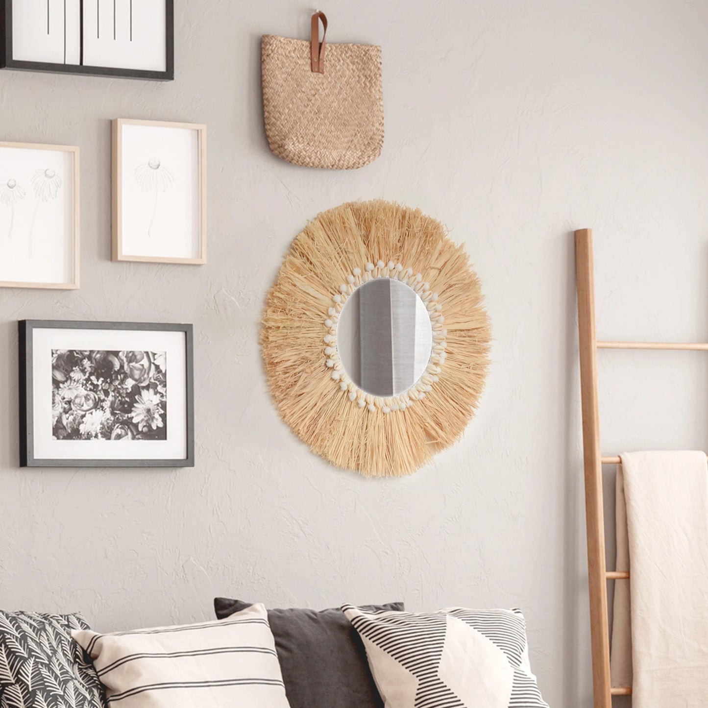 boho Home Furnishing Forest Raffia Decorative wall mirrors Raffia Woven Shell small yarn ballTapestry Living Room Decor mirror