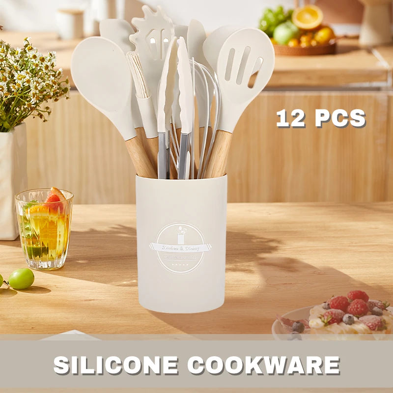12pcs Silicone Kitchenware Cooking Utensils Set Non Stick Cookware Spatula Shovel Egg Beaters Baking Set with Storage Bucket